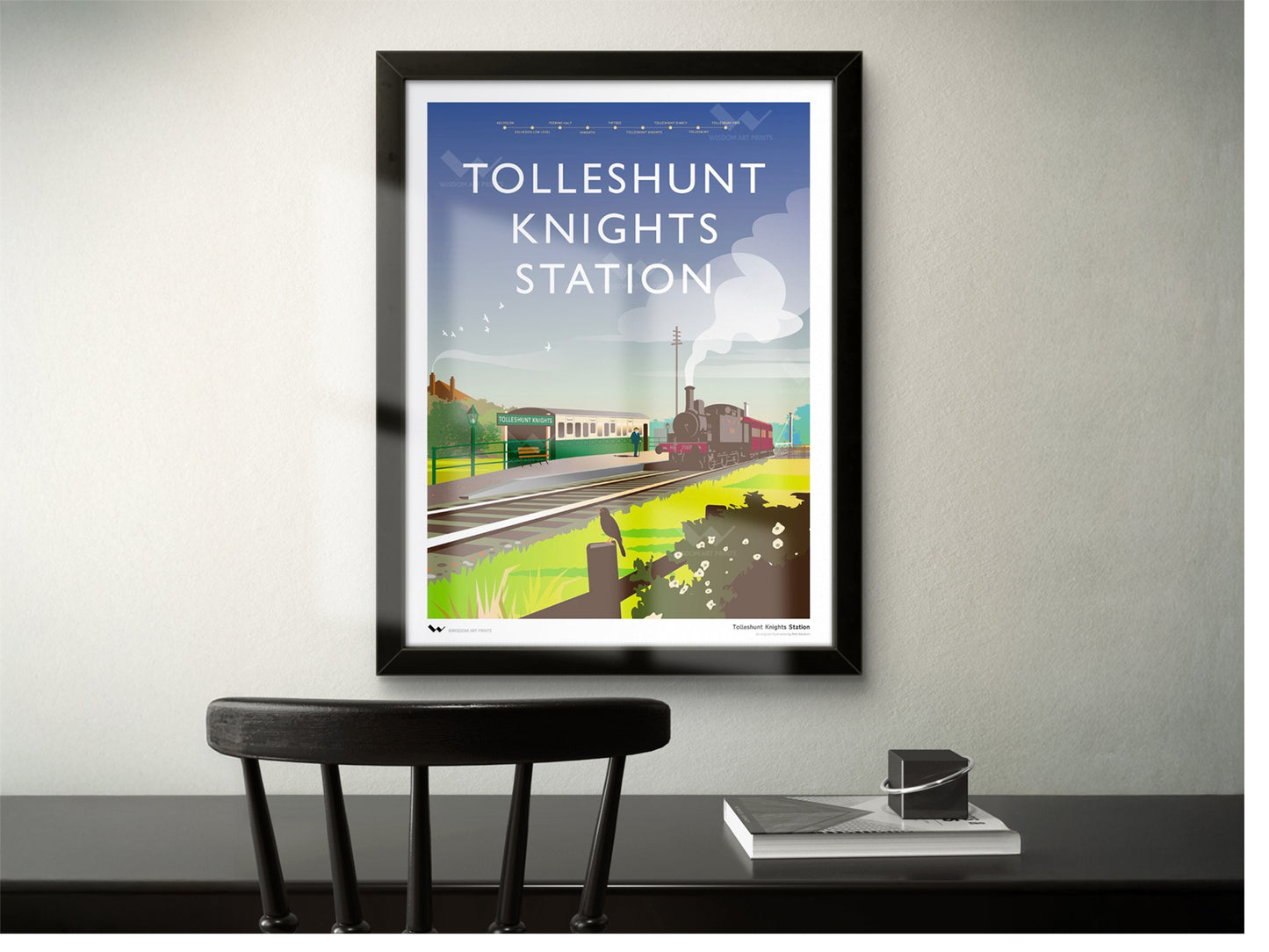Original illustration depicting the Edwardian heyday of the Kelvedon and Tollesbury Light Railway, Essex; depicting a view of a steam locomotive arriving at Tolleshunt Knights railway station.