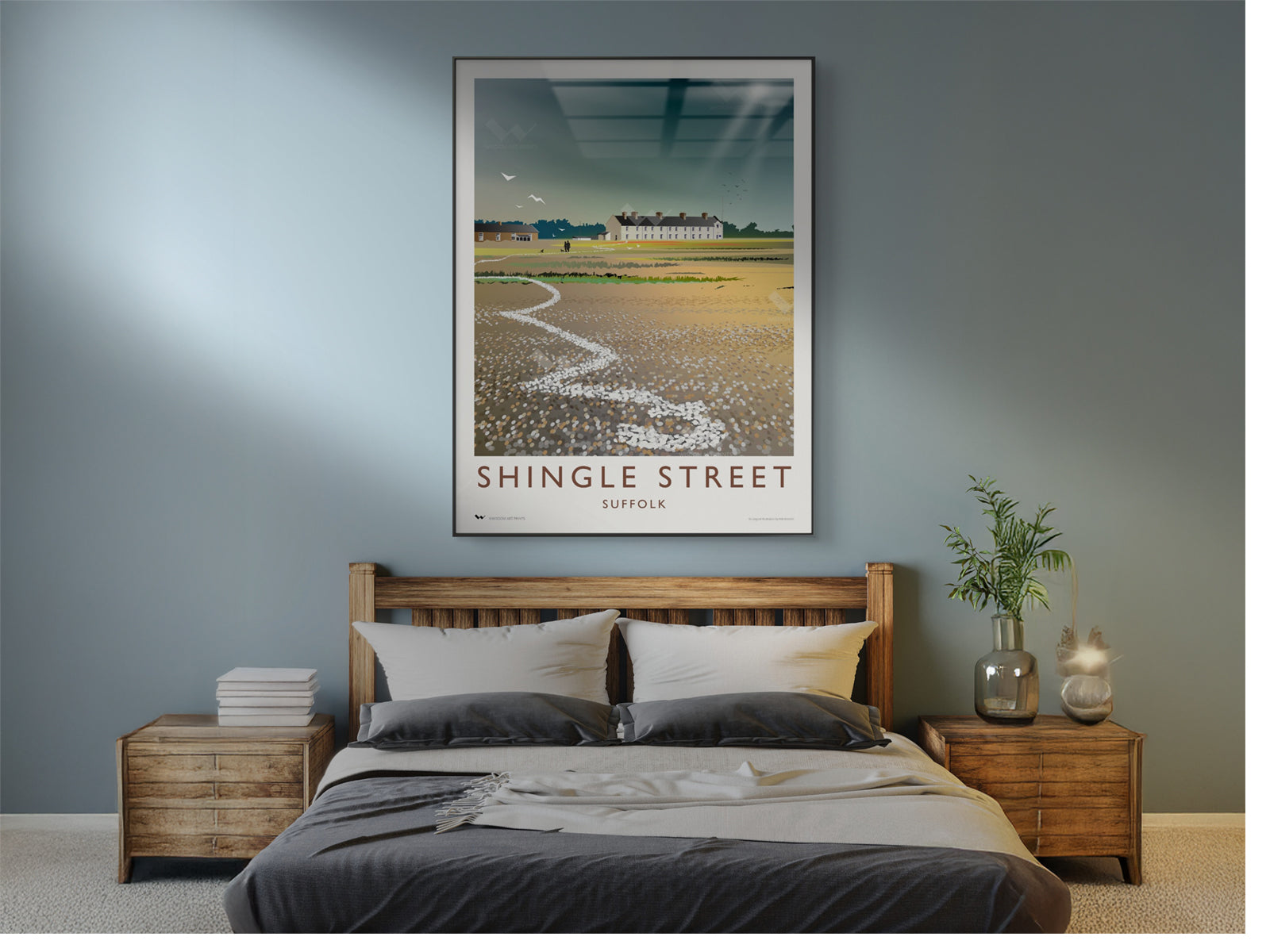 Framed travel poster of Shingle Street, East Suffolk, Suffolk, East Anglia, England, Great Britain, United Kingdom.