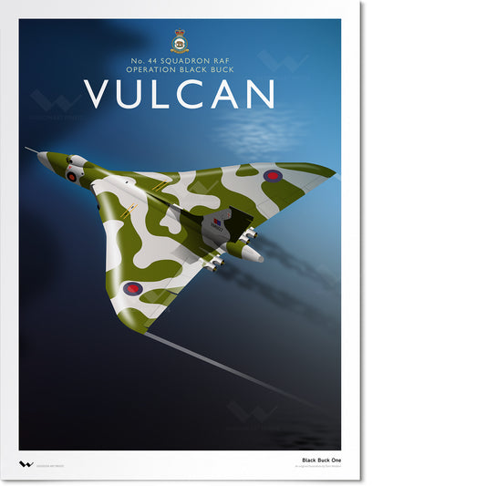 Original illustration of an Avro Vulcan bomber, XM607, during the Operation Black Buck bombing runs against Port Stanley airfield during the Falklands War. The illustration is in an art deco style and prominently features the aircraft, beneath the main title VULCAN.