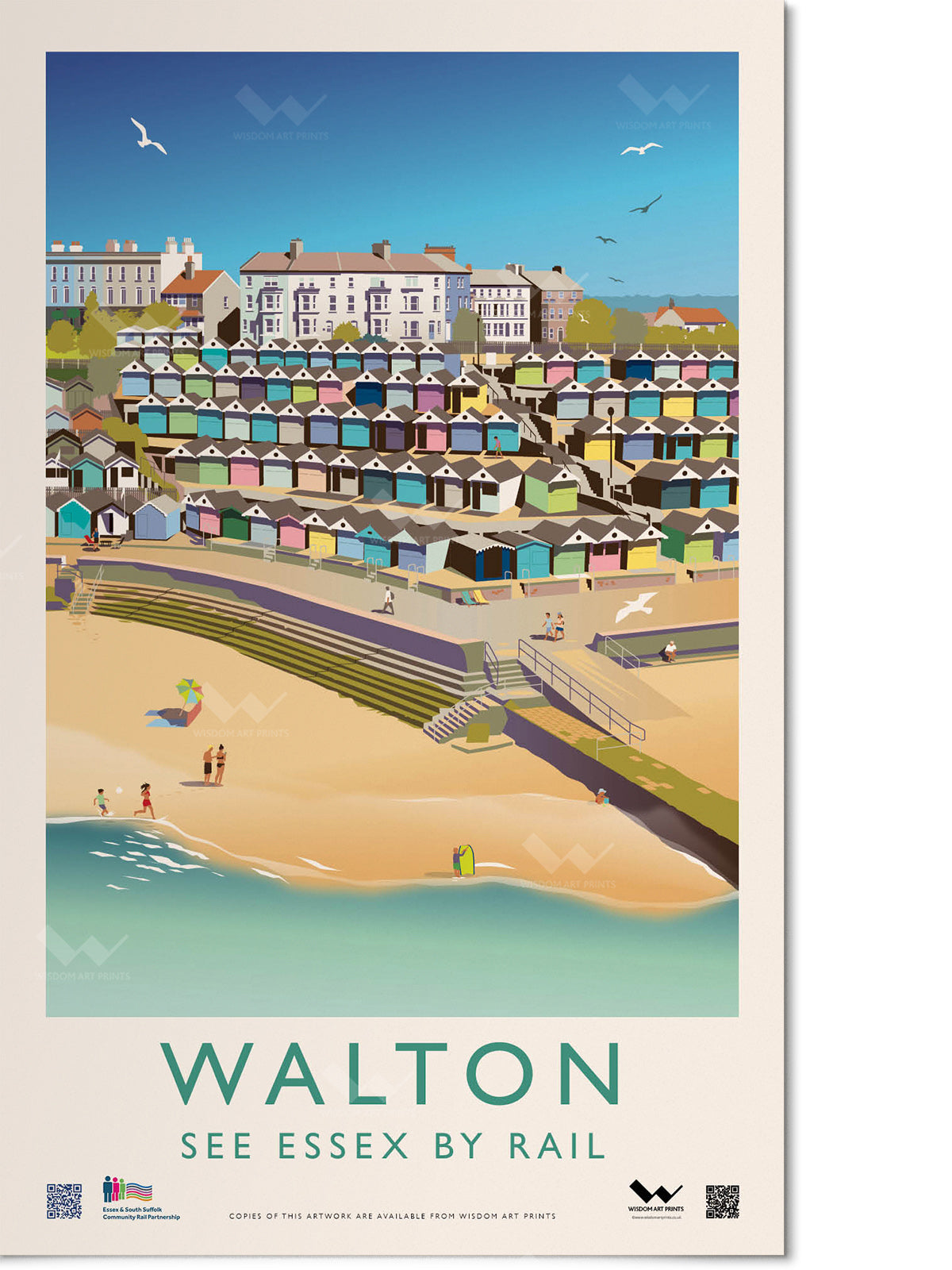 Double royal platform poster of beach huts and the beach in Walton-on-the-Naze, Essex.