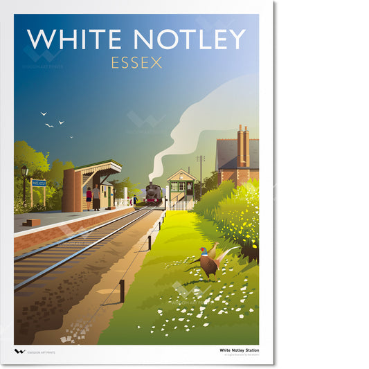 Original art print of White Notley railway station, showing a steam locomotive arriving at the station on a cloudless summer's day. 