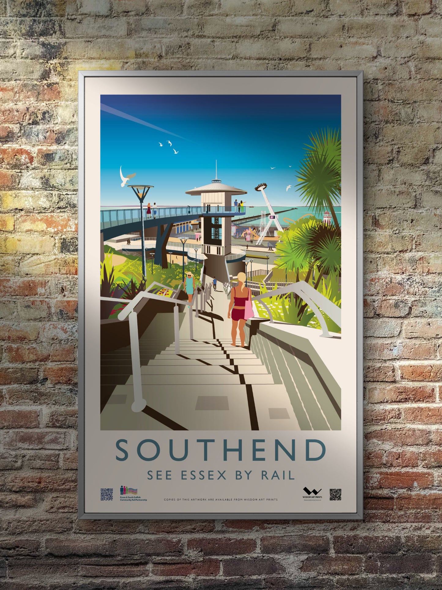 Authentic weatherproof platform poster of Southend-on-Sea, Essex, depicting a view past the observation tower and Adventure Island towards Southend Pier.