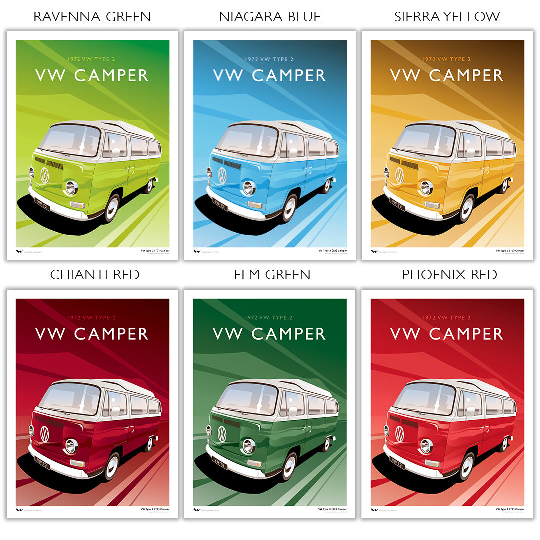 1972 VW Camper Colour Options - Ravenna Green, Niagara Blue, Sierra Yellow, Chianti Red, Elm Green, Phoenix Red, and Bright Orange (per hero image)