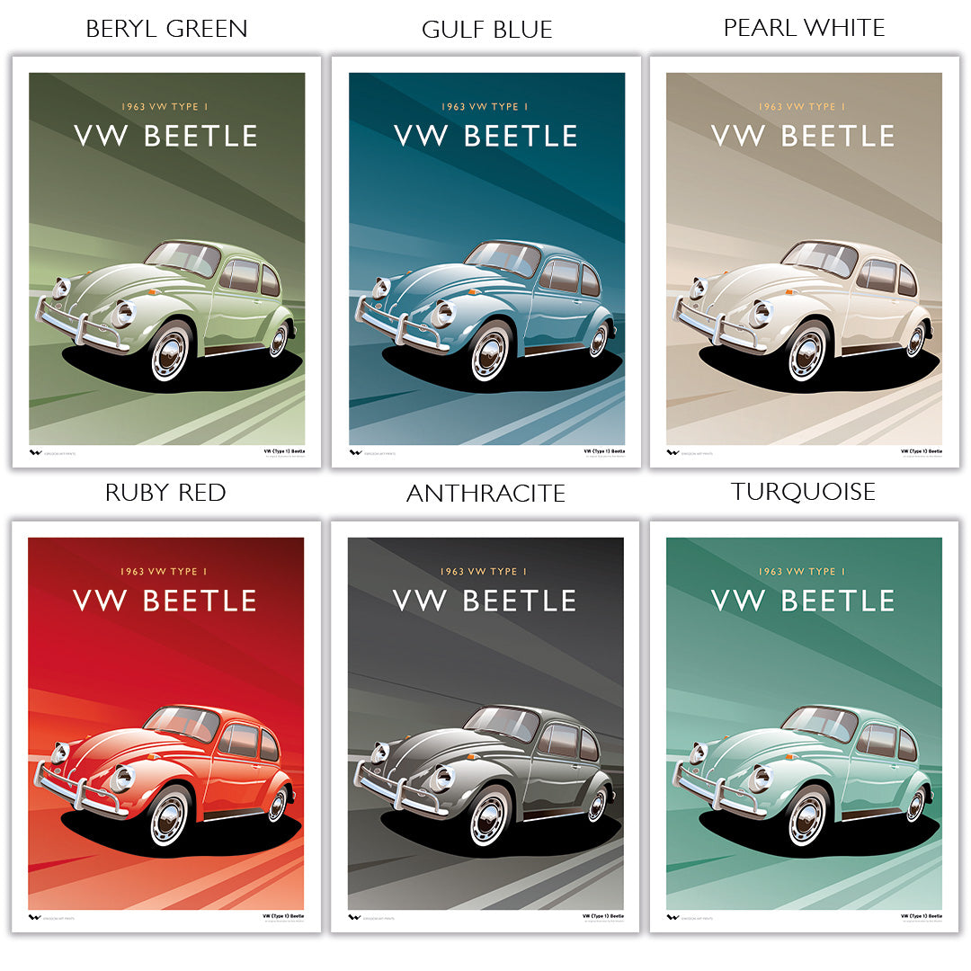 Volkswagen Beetle art print available in several colours: Beryl Green, Gulf Blue, Pearl White, Ruby Red, Anthracite, and Turquoise