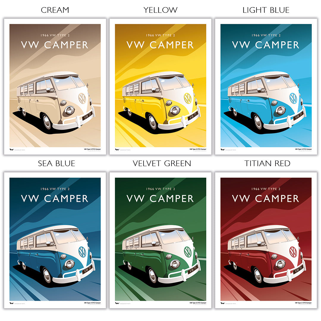 Colour customisable Volkwagen Camper art print available in various colours: Lotus White, Yellow, Light Blue, Sea Blue, Velvet Green, and Titian (Red)